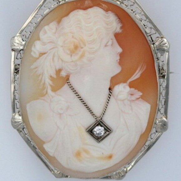 Antique Victorian Shell 14K White Gold & Diamond Habillé Cameo Brooch Pendant - Picture 5 of 5